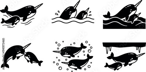 Minimalist black and white vector art of playful narwhal whale mother and calf swimming underwater blowing bubbles and interacting gently