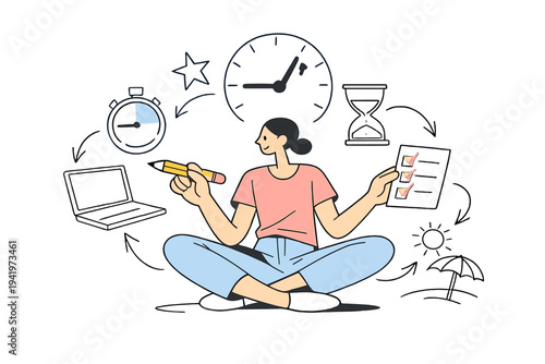 Freelance Focus Flow. Managing deadlines and flexibility. Freelancer prioritizing tasks, outlined arrows and