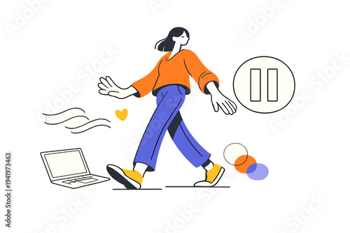 Remote Work Balance. Burnout prevention for online jobs. Remote worker gently stepping away from a laptop,