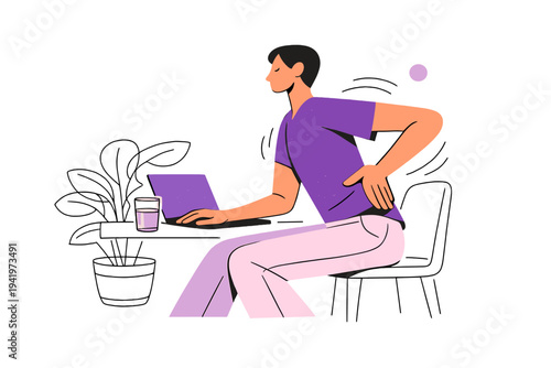 Image Generation. Balanced daily remote routine. Worker adjusting posture at a desk, outlined plant, water