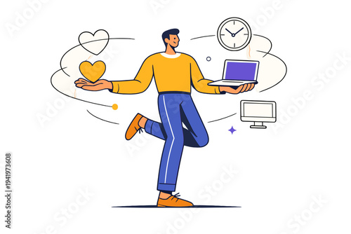 Image Generation. Human-centered work future. Worker balancing technology and wellbeing, outlined heart,