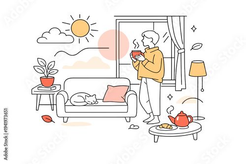 Image Generation. Quiet happiness at home. Morning light filling a cozy living room, a person with a cup of