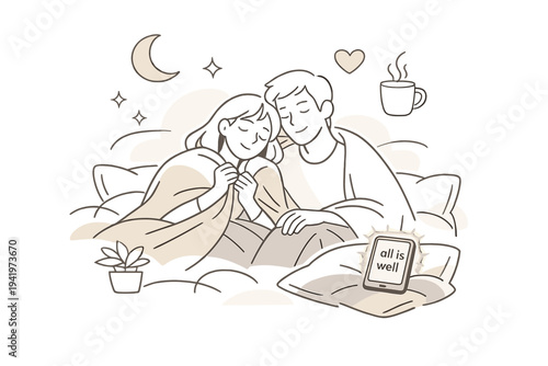 Image Generation. Quiet happiness at home. Night calm, soft blankets, glowing phone with a gentle message like