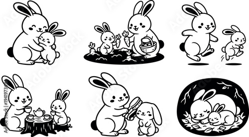 Cute black and white vector art showing bunny with baby hugging gardening tea party brushing and sleeping in burrow illustrations