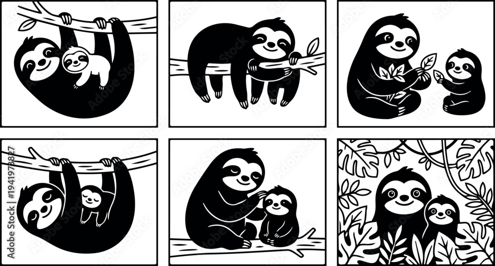 Naklejka premium Black and white vector art of smiling mother and baby sloths hanging and sitting on tree branches with leaves and jungle foliage background