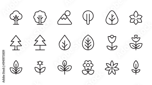 Minimal outline nature of trees and plants leaves flowers