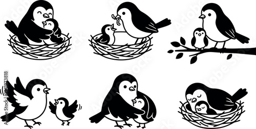 Black and white vector art of mother bird feeding and hugging baby birds in nest and perching on branch with chick