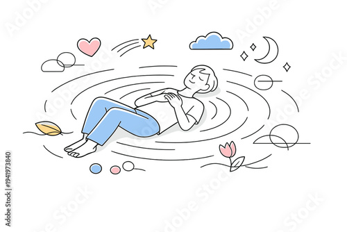 Inner Calm Illustration. Inner calm moment. A figure lying on the floor, hands on chest, abstract waves moving