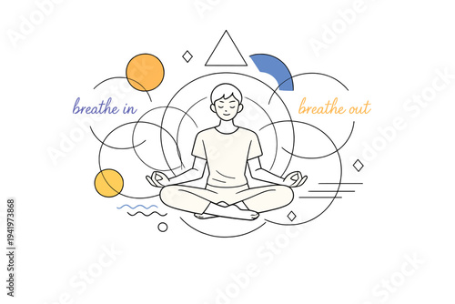 Image Generation. Inner calm moment. A centered figure surrounded by balanced geometric circles, text like
