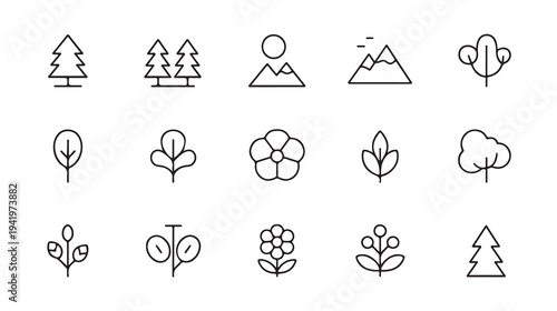 Minimal outline of trees mountains and clouds nature