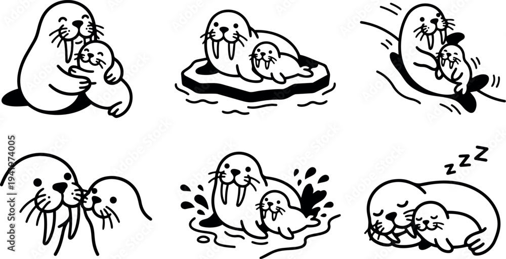 Obraz premium Cute walrus parent cuddling baby seal on ice with playful joy splash and sleeping together in simple line art style