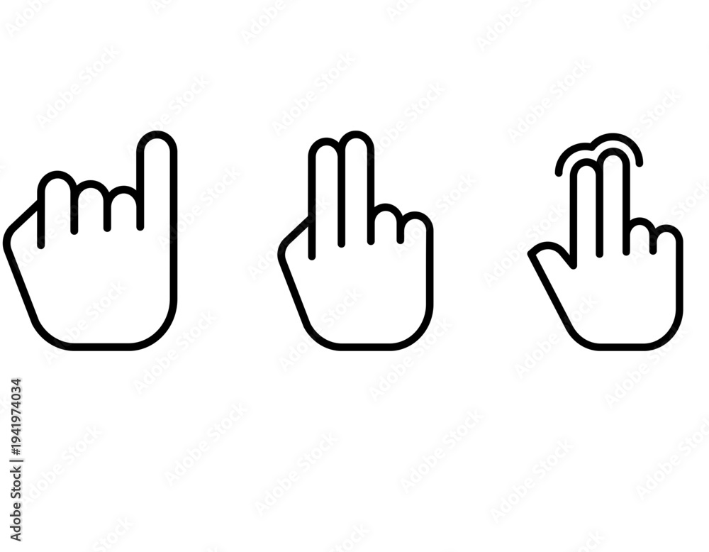 Obraz premium Set of three outline icons depicting common touchscreen gestures: one-finger tap, two-finger tap, and two-finger swipe.