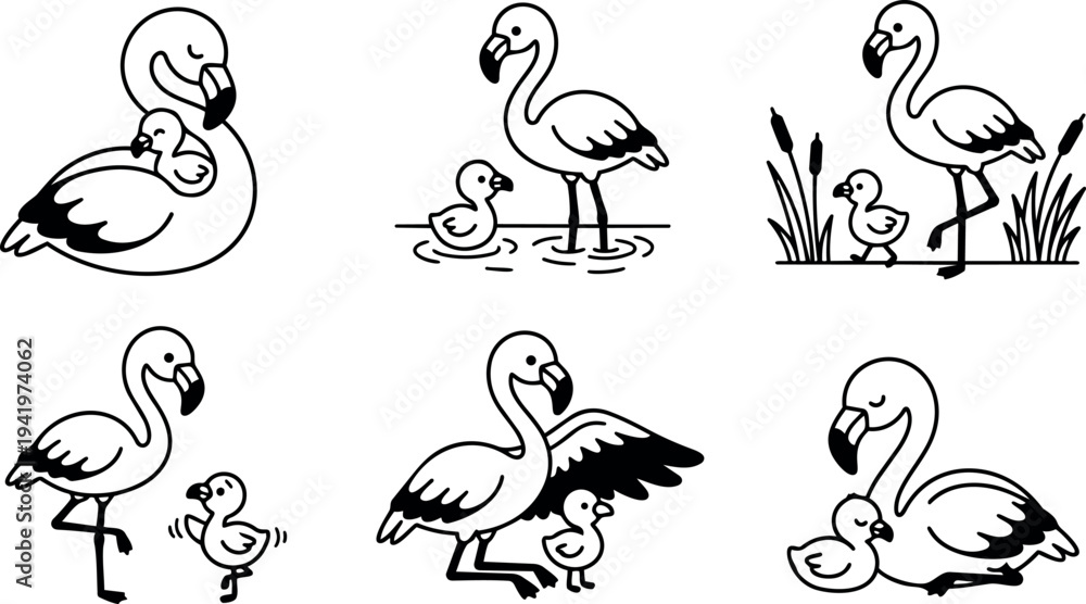 Obraz premium Black and white line art flamingo mother and baby illustrations cute standing and resting in natural wetland environment minimal vector design set