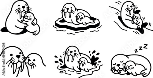 Cute walrus parent cuddling baby seal on ice with playful joy splash and sleeping together in simple line art style