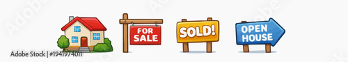 Real estate sale and open house icon set with home symbol property signs and sold notice perfect for realtor marketing listings mortgage services home buying and neighborhood promotion