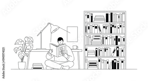 Vector illustration of a man reading in a cozy home library