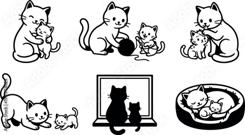 Cute black and white vector art of mother cat cuddling kitten playing with yarn ball grooming sleeping together in cozy bed