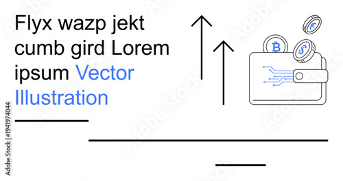 Cryptocurrency, blockchain, fintech, digital payments, technology, online transactions. Wallet with circuit design and crypto coins with arrows. Cryptocurrency and blockchain innovation concept