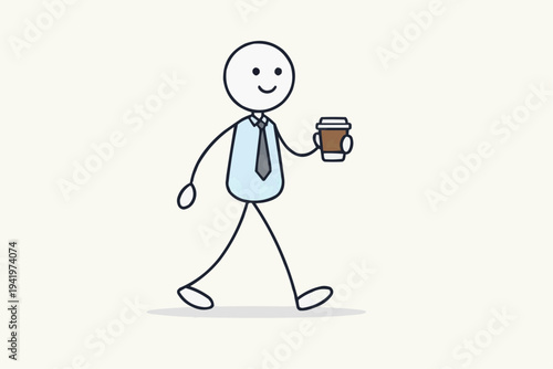 Friendly stick figure walking with coffee cup and necktie in a simple doodle style illustrating office routine casual workday energy productivity morning commute and workplace humor

