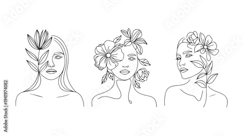 Minimalist black line of three women with floral headpieces 1