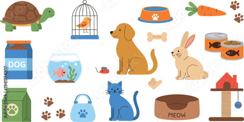Pet Care Icon Set Featuring Dog, Cat, Fish, Rabbit, Turtle, and Pet Accessories for Animal Lovers and Pet Projects