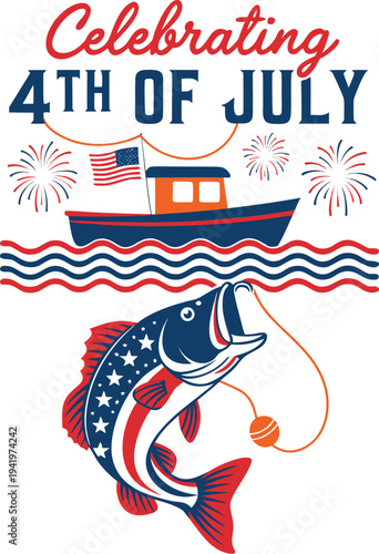 Happy Independence day sign with stars, petards and american flag. 4th of July, United Stated independence day. Template design for poster, banner, flyer, greeting card. Vector illustration
