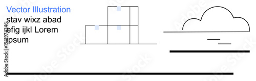 Modern design, abstract art, layout mockup, visual communication, minimalist illustration, creative concepts. Simple geometric shapes, cloud and horizontal lines with placeholder text. Modern design