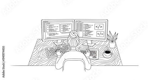 Vector illustration of a woman working on computer with dual monitors