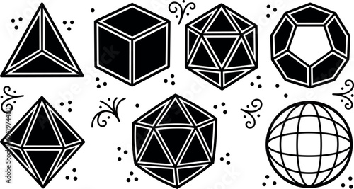 Black and white geometric shapes set including tetrahedron cube icosahedron dodecahedron octahedron and wireframe globe vector art illustration