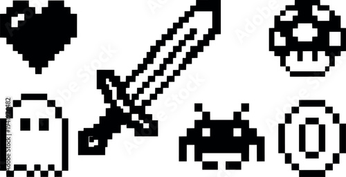 Pixel art style collection of retro gaming icons including heart sword ghost alien mushroom and coin in black and white design
