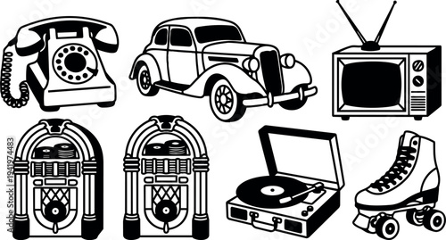 Black and white vintage retro icons including rotary telephone classic car jukebox television record player and roller skate vector set