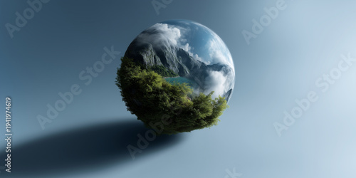 Small spherical planet with tropical island terrain surrounded by clouds forming a circular atmosphere ring, turquoise water lagoon and green mountain island visible on the curved