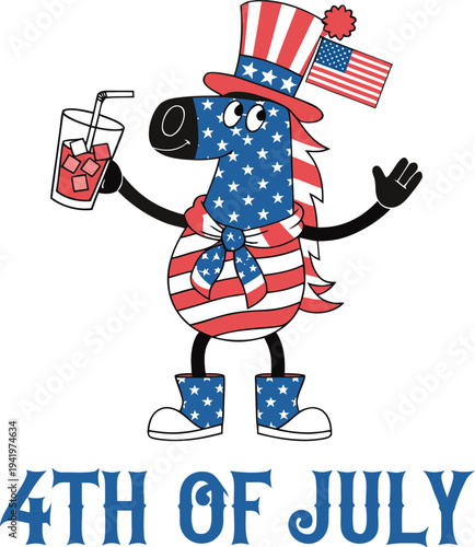 Happy Independence day sign with stars, petards and american flag. 4th of July, United Stated independence day. Template design for poster, banner, flyer, greeting card. Vector illustration
