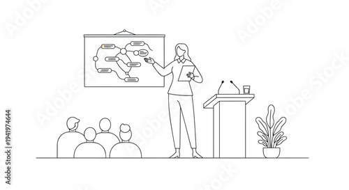 Vector illustration of businesswoman presenting at podium with audience