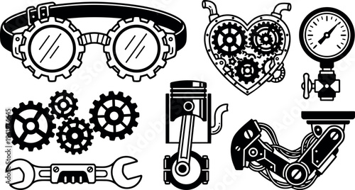 Black and white steampunk style mechanical gears robotic arm piston wrench pressure gauge and goggles vector art icons set