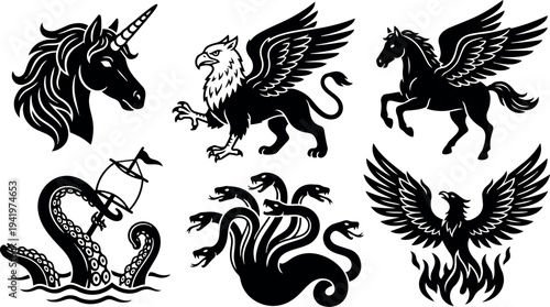 Black silhouette mythological creatures set featuring unicorn horse griffin pegasus hydra phoenix sea monster with sword tentacles flat design vector art