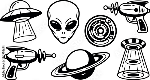 Black and white vector set of alien head spaceship ray guns planet icons in simple line art style isolated on white background