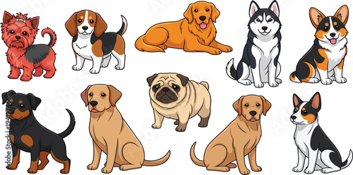 Playful Dog Breeds Icon Set Featuring Yorkshire Terrier, Pug, Corgi, Rottweiler, Beagle, Labrador, and More in Vibrant Vector Style
