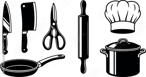 Black and white flat design kitchen tools including chef knife cleaver scissors rolling pin frying pan cooking pot and chef hat icons