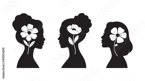 Three black silhouettes of women with white flower hair accessories