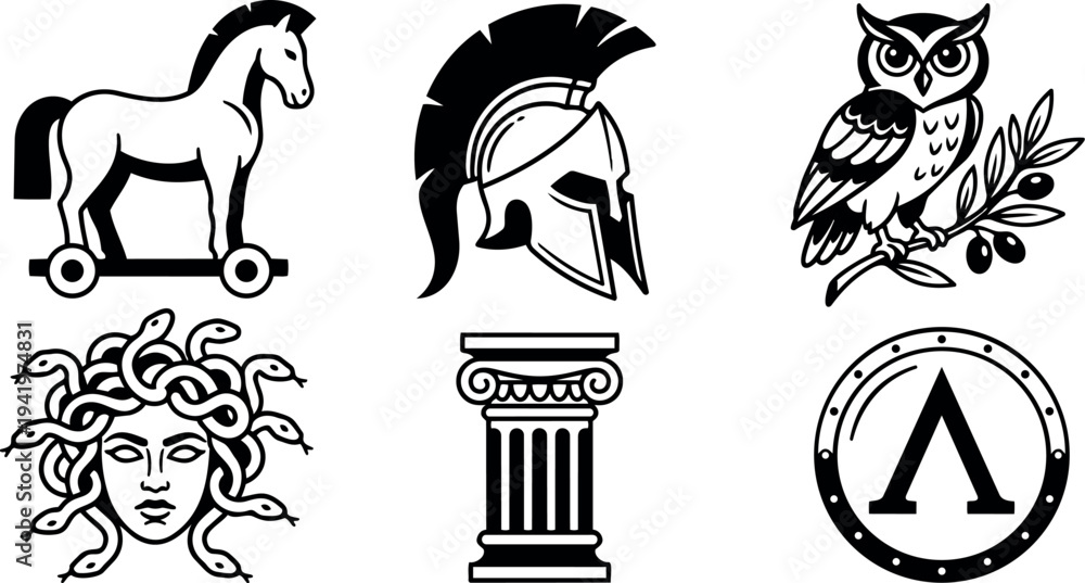 Fototapeta premium Black and white vector art collection of ancient greek symbols including trojan horse helmet medusa owl column and shield icons