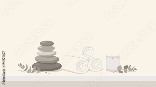 Zen Spa Arrangement with Stacked Stones Rolled Towels and Candle