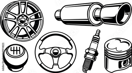 Black and white vector art of car wheel steering gearshift exhaust piston spark plug mechanical parts set
