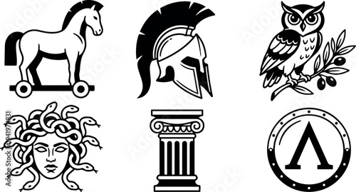 Black and white vector art collection of ancient greek symbols including trojan horse helmet medusa owl column and shield icons