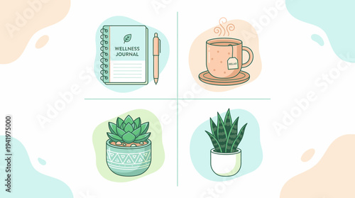 Cleanical Wellness Elements Featuring a Journal Tea and Houseplants for Healthy Living