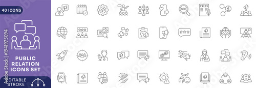 Public relations icon set. Contain icons related to public relations Etc. Outline Icon Collection. Fully Editable. Vector illustration.