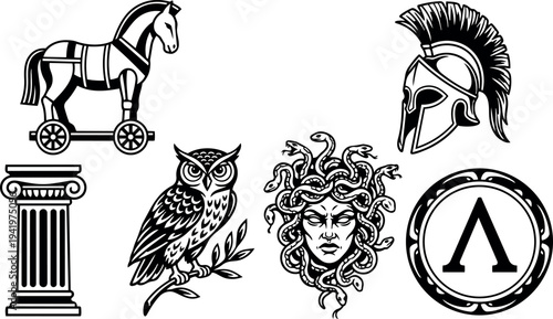 Black and white vector art of ancient greek symbols including trojan helmet medusa head owl column and spartan shield