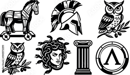 Black and white vector art collection of trojan helmet medusa gorgon column owl and trojan horse icons in classic ancient greek style