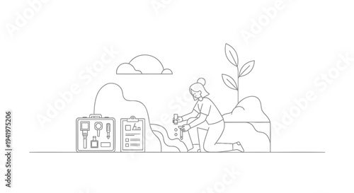 Vector illustration of a person working on a laptop in an eco-friendly setting