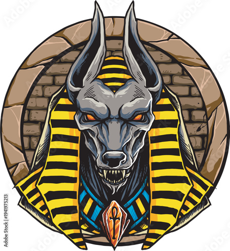 Anubis Egyptian God Jackal Head Mascot Logo with Ancient Egypt Temple Background Vector Illustration Anubis Vectors Set8